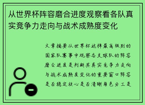 从世界杯阵容磨合进度观察看各队真实竞争力走向与战术成熟度变化 从世界杯阵容磨合进度观察看各队真实竞争力走向与战术成熟度变化